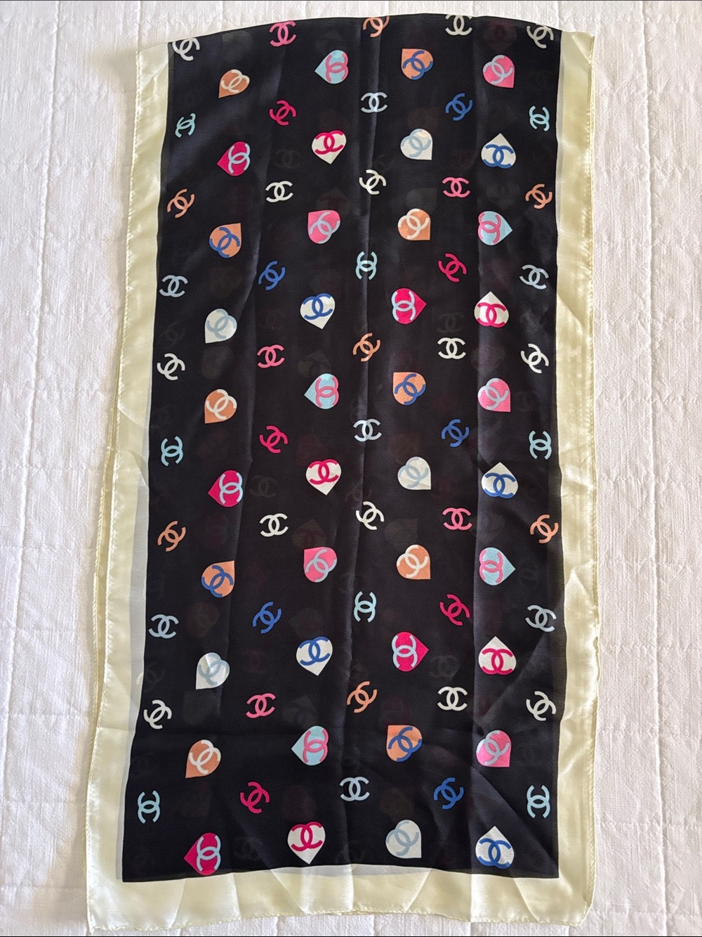 Silk-Feel Black Logo Heart Print Scarf